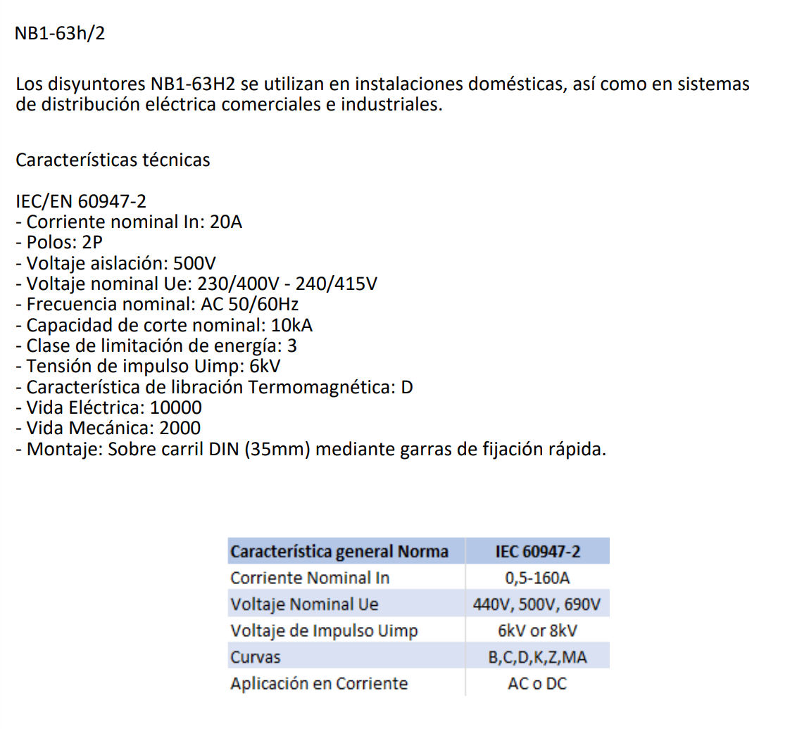 Interruptor Industrial CHINT NB1-63H/2 2P 20A 10kA Curva D – Código 07037220CH