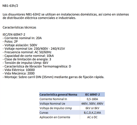 Interruptor Industrial CHINT NB1-63H/2 2P 20A 10kA Curva D – Código 07037220CH