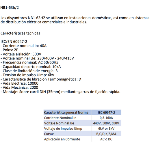 Interruptor Industrial CHINT NB1-63H/2 2P 40A 10kA Curva D – Código 07037240CH