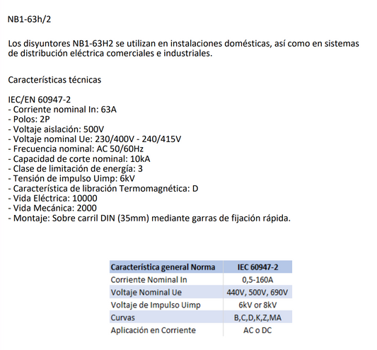 Interruptor Industrial CHINT NB1-63H/2 2P 63A 10kA Curva D – Código 07037263CH