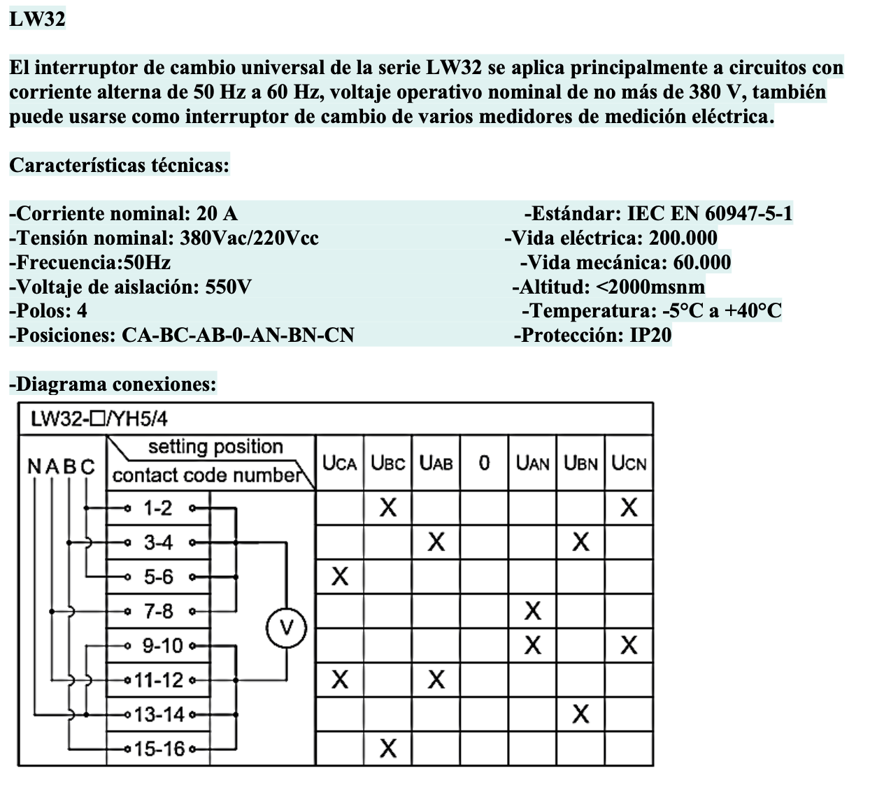 Selector Voltimétrico CHINT LW32-20-YH5/4 3 Fases 4 Hilos 7 Posiciones 60×48 mm – Código 27033074CH