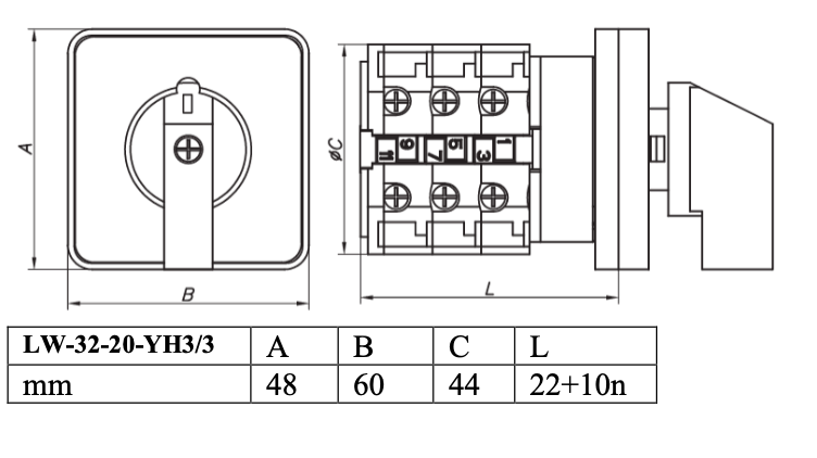 Selector Amperimétrico CHINT LW32-20-LH3/3 3 Fases 4 Hilos 4 Posiciones 60×48 mm – Código 27033443CH