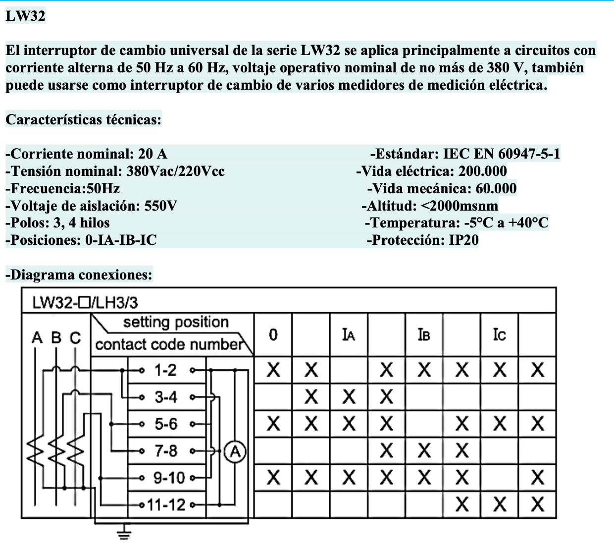 Selector Amperimétrico CHINT LW32-20-LH3/3 3 Fases 4 Hilos 4 Posiciones 60×48 mm – Código 27033443CH