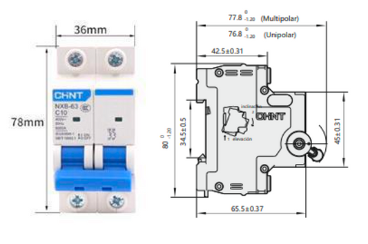 Interruptor Termomagnético CHINT NXB-63H 2P 20A 10kA Curva B – Código 07035220CH