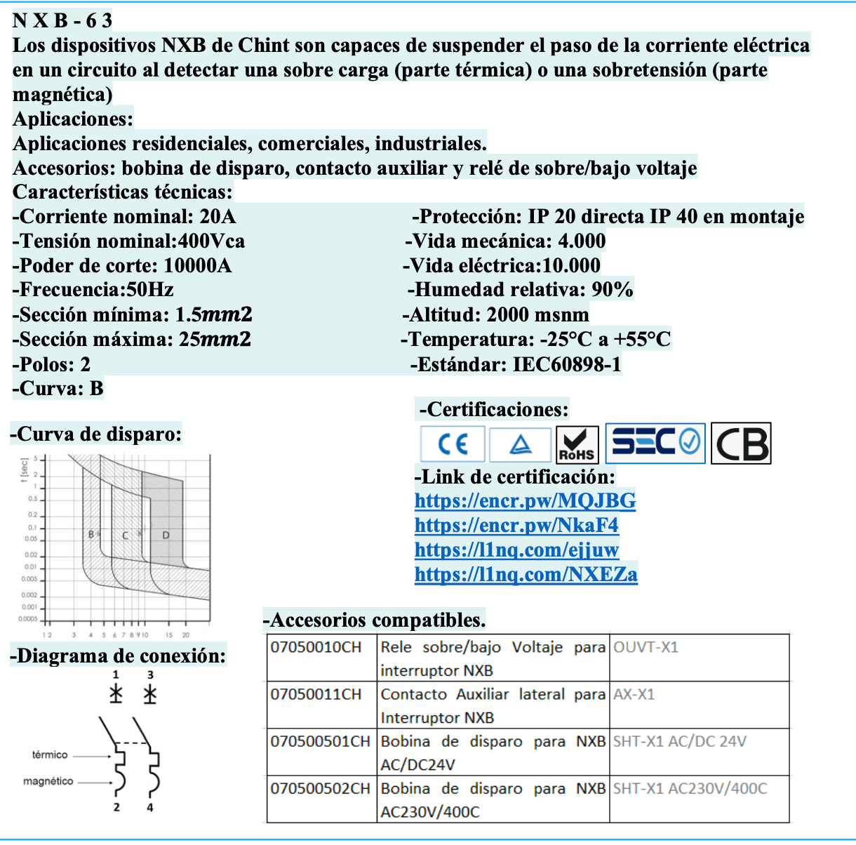 Interruptor Termomagnético CHINT NXB-63H 2P 20A 10kA Curva B – Código 07035220CH
