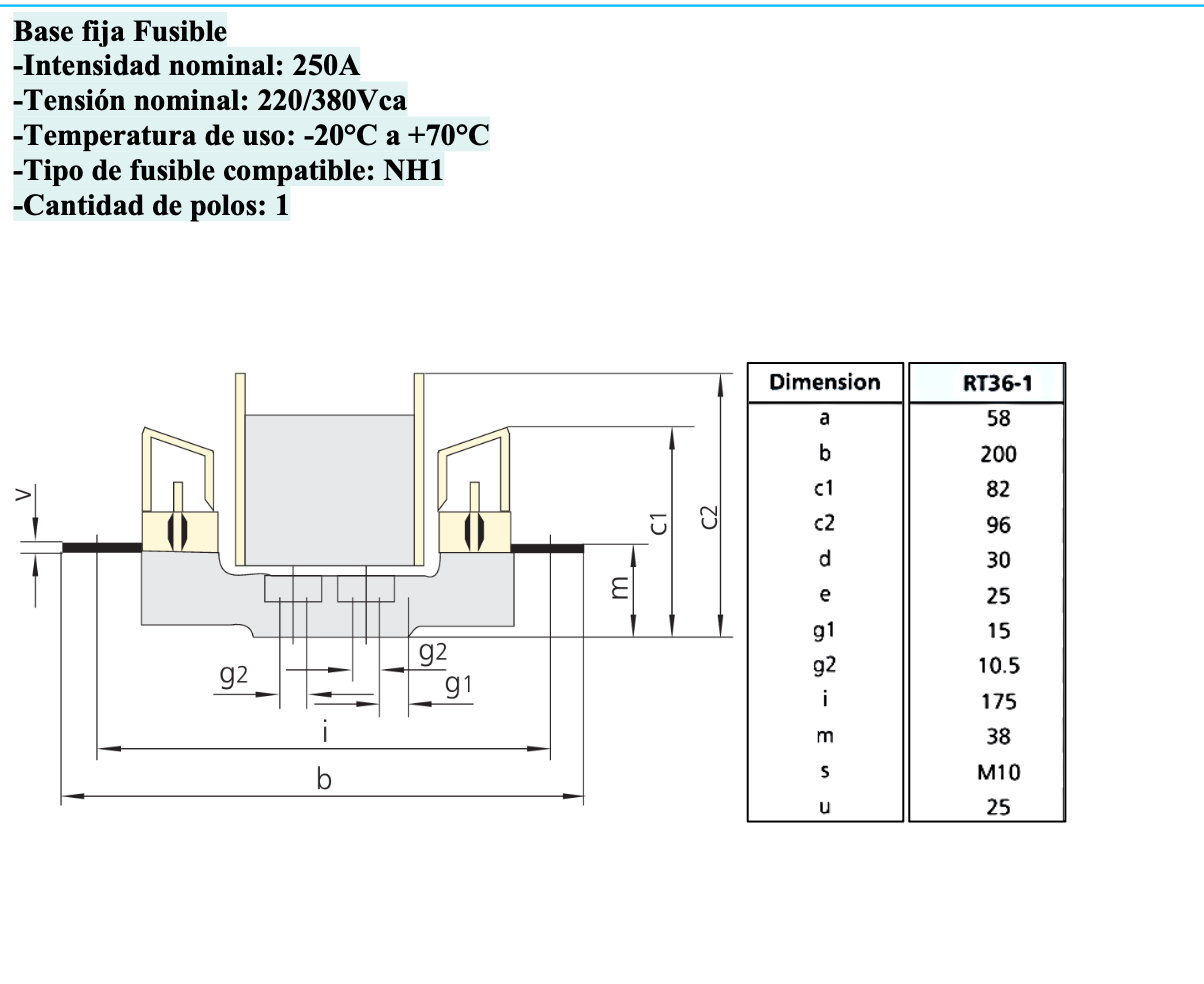 Base Fija para Fusible CHINT RT36-1 NH1 250A 1P Perno M10 – Código 19011125CH