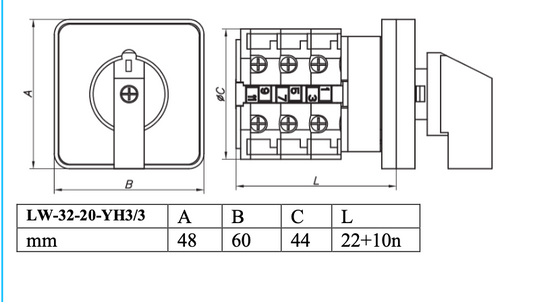 Selector Voltimétrico CHINT LW32-20-YH3/3 3F 3H 60x48mm 4 Posiciones – Código 27033043CH