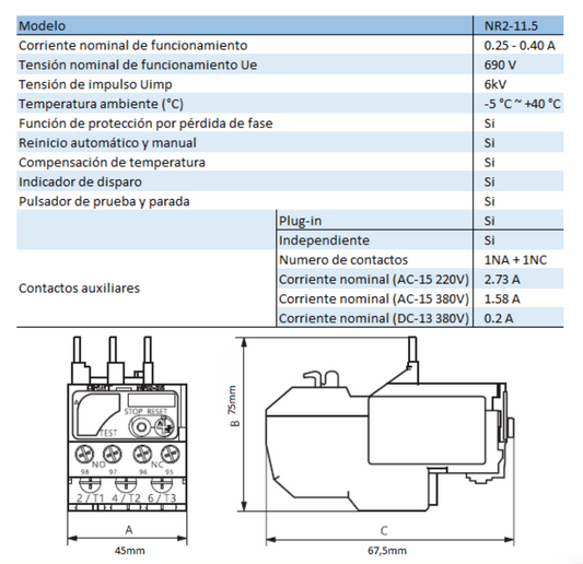 Relé Térmico CHINT NR2-11.5 0,25–0,4A para Contactor NC6 – Código 050100040CH