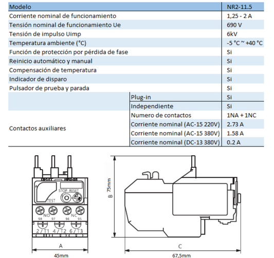 Relé Térmico CHINT NR2-11.5 1,25–2A para Contactor NC6 – Código 050100200CH