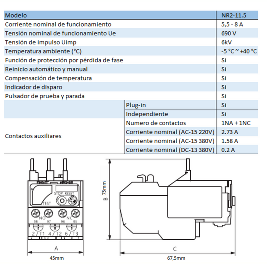 Relé Térmico CHINT NR2-11.5 5,5–8A para Contactor NC6 – Código 050100800CH