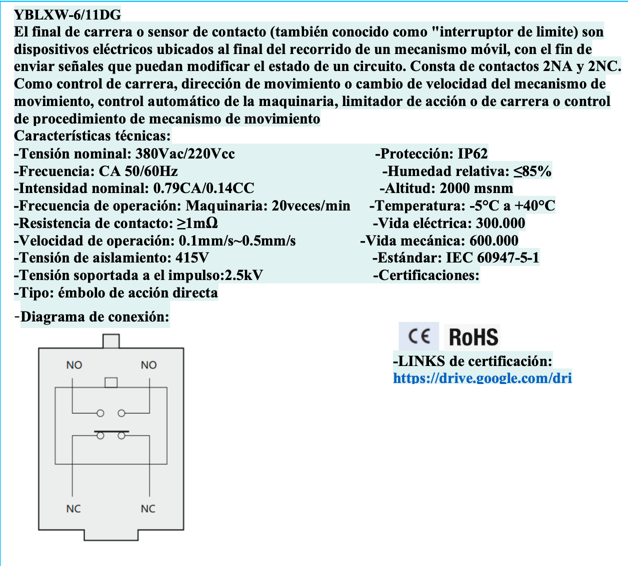 Final de Carrera CHINT YBLX-ME/8111 Tipo Pistón Fijo 20/22 mm – Código 57012011CH