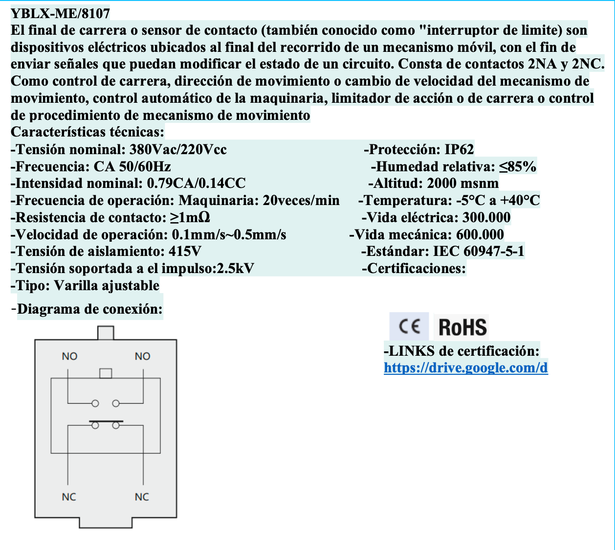 Final de Carrera CHINT YBLX-ME/8107 Varilla Metálica Rígida IP52 – Código 57012911CH