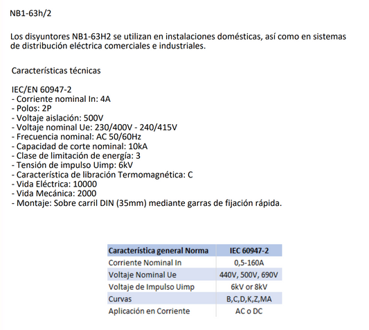 Interruptor Industrial CHINT NB1-63H/2 2P 4A 10kA Curva C IEC 60947-2 – Código 07036204CH