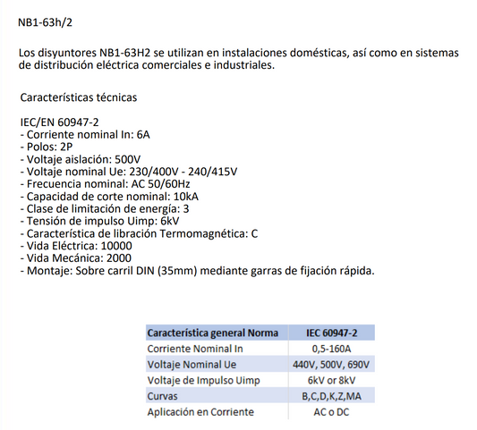 Interruptor Industrial CHINT NB1-63H/2 2P 6A 10kA Curva C IEC 60947-2 – Código 07036206CH