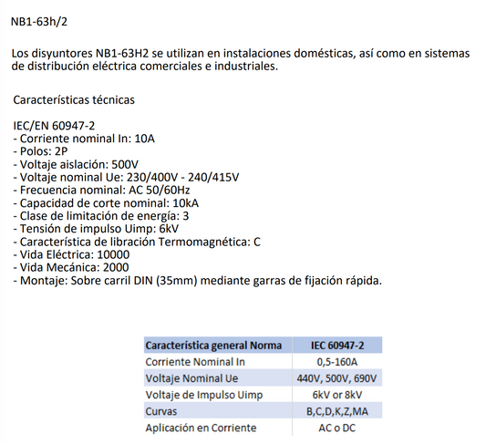 Interruptor Industrial CHINT NB1-63H/2 2P 10A 10kA Curva C IEC 60947-2 – Código 07036210CH