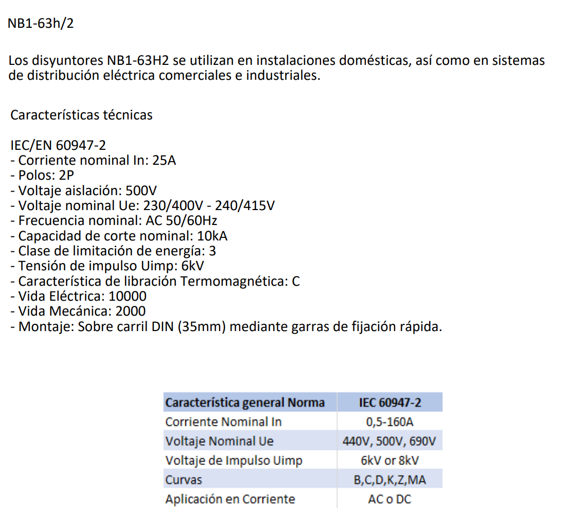 Interruptor Industrial CHINT NB1-63H/2 2P 25A 10kA Curva C IEC 60947-2 – Código 07036225CH