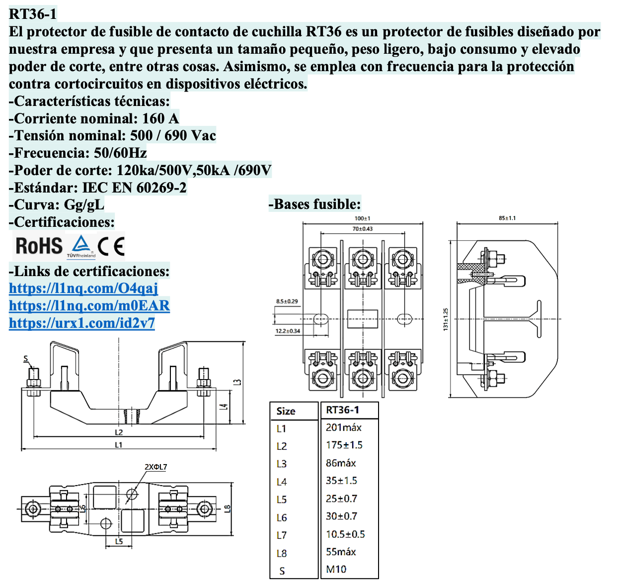 Fusible NH CHINT RT36-1 160A gG/gL 690V 50kA Tamaño NH1 – Código 21011160CH