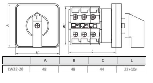 Seccionador Rotativo CHINT LW32-20/C04/2 2P 20A 2 Posiciones 50x50 mm – Código 170222204CH