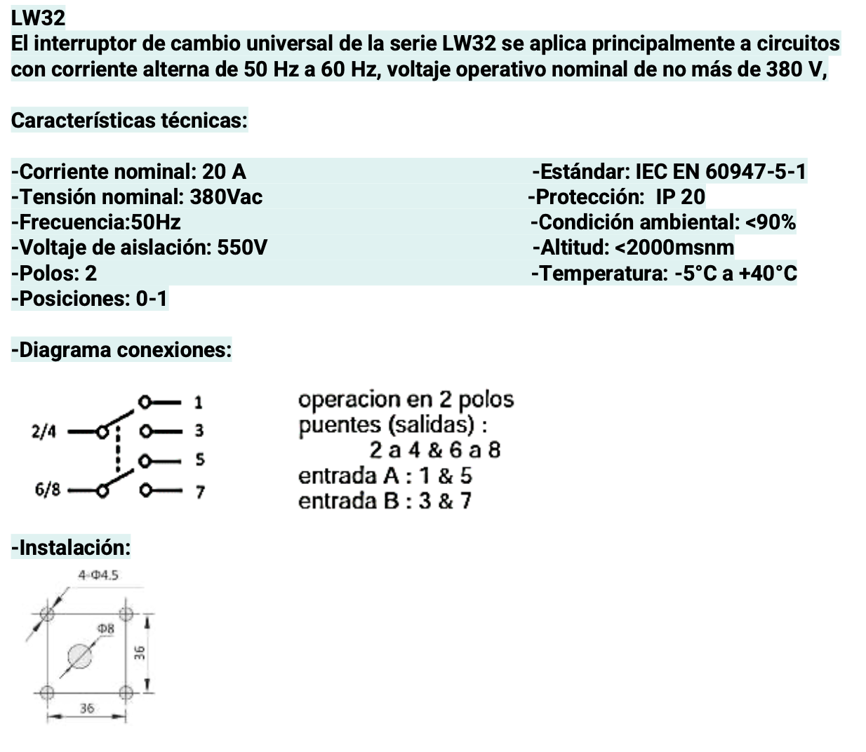Seccionador Rotativo CHINT LW32-20/C04/2 2P 20A 2 Posiciones 50x50 mm – Código 170222204CH