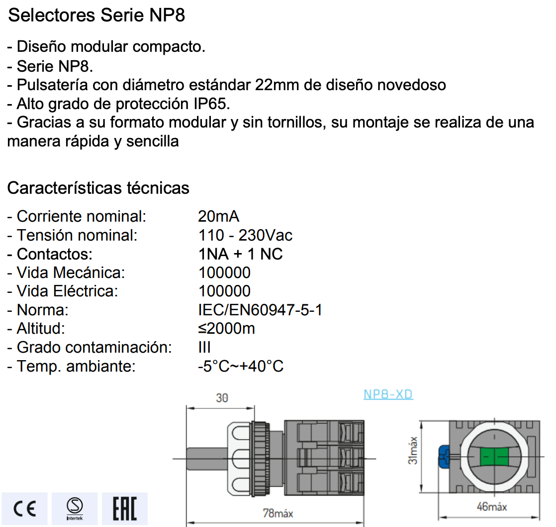 Selector Luminoso Verde CHINT NP8-11XD/223 2 Posiciones AC110V-230V – Código 251960211CH