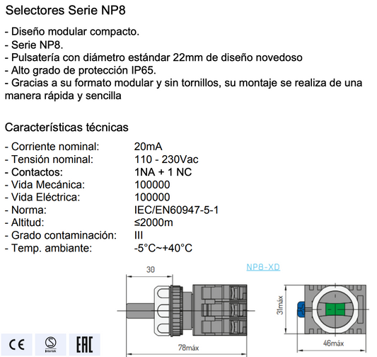 Selector Luminoso Verde CHINT NP8-11XD/223 2 Posiciones AC110V-230V – Código 251960211CH