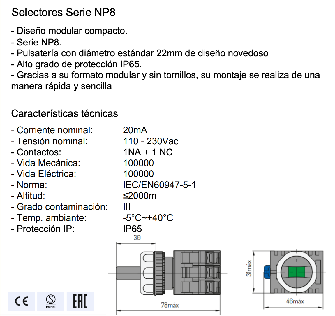 Selector Luminoso Rojo CHINT NP8-11XD/224 2 Posiciones AC110V-230V – Código 251960212CH