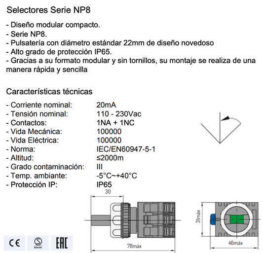 Selector Luminoso Verde CHINT NP8-11XD/373 3 Posiciones AC110V-230V – Código 251960311CH