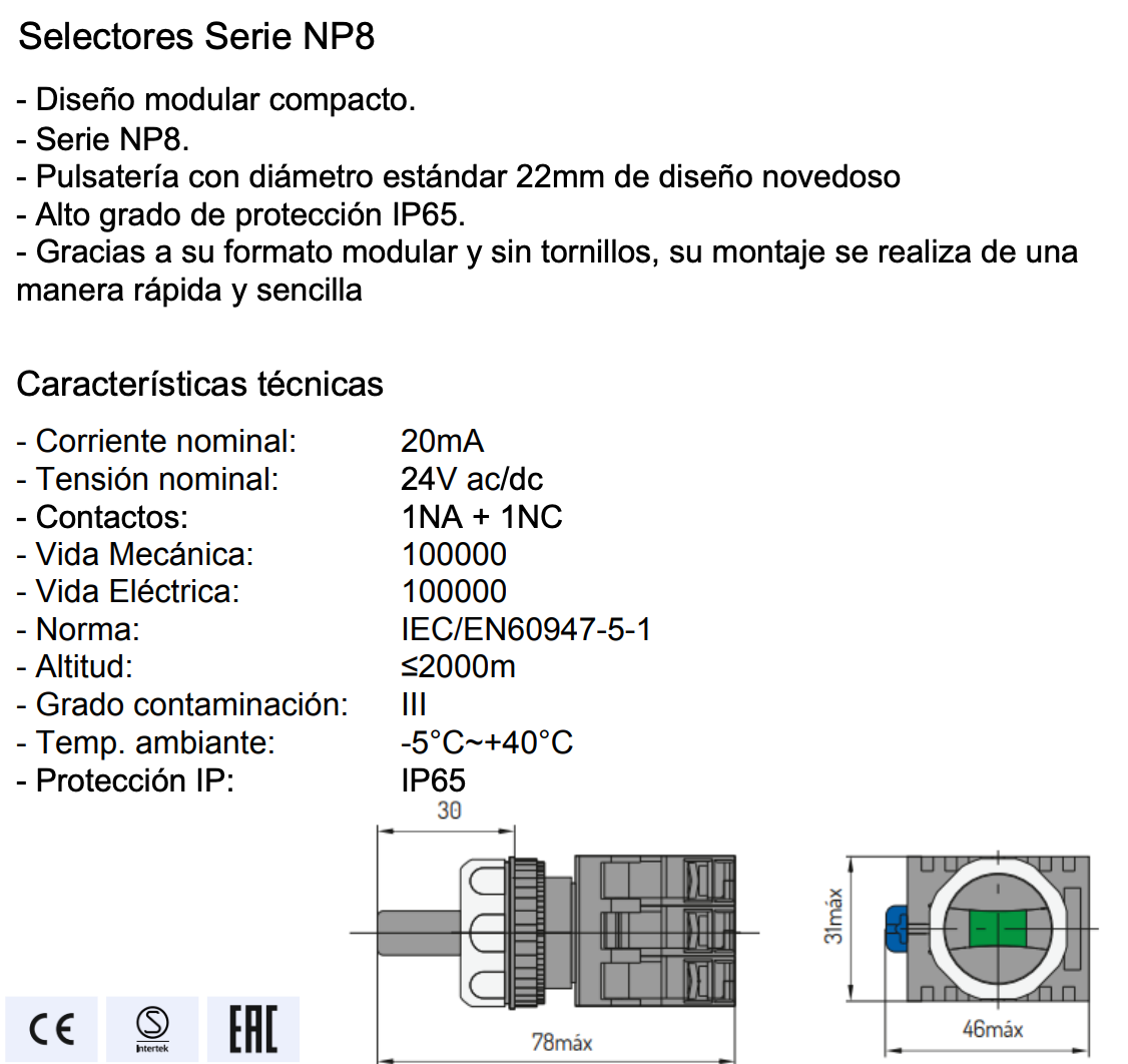 Selector Luminoso Rojo CHINT NP8-11XD/224 2 Posiciones AC/DC 24V – Código 251964212CH