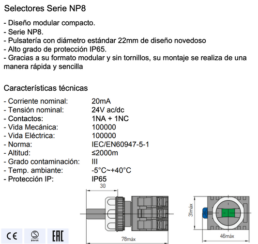 Selector Luminoso Rojo CHINT NP8-11XD/224 2 Posiciones AC/DC 24V – Código 251964212CH