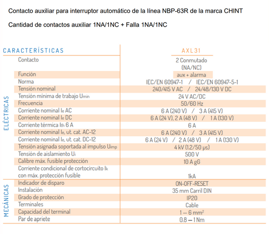 Contacto Auxiliar + Contacto de Falla CHINT AXL31 1NA/NC + 1NA/NC 230V AC/DC para NBP-63R – Código 07030504CH