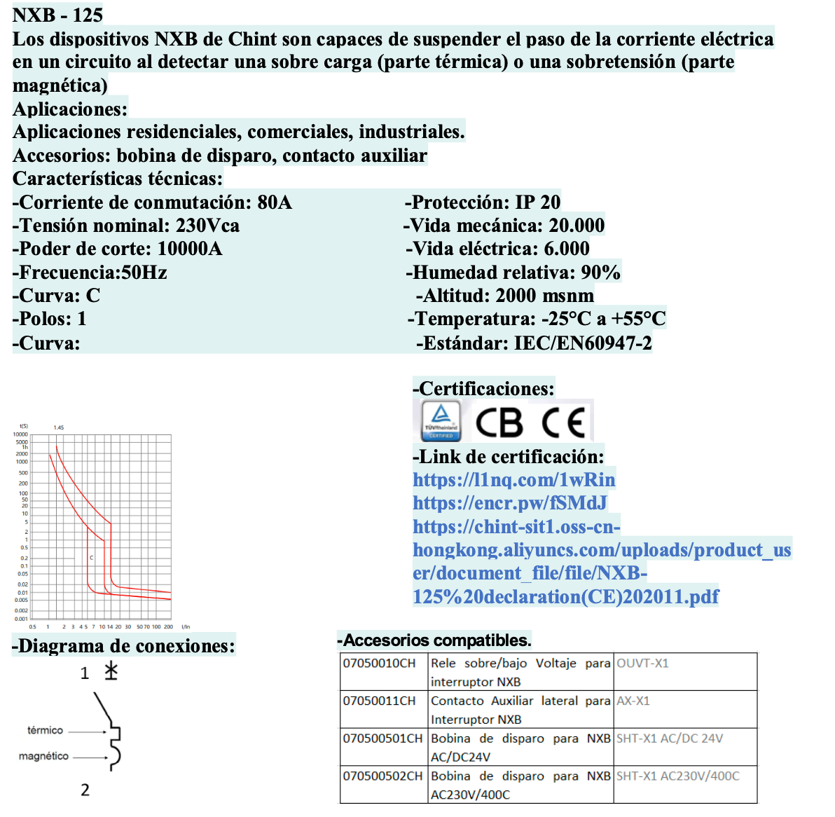Interruptor Termomagnético CHINT NXB-125H 1P 80A 10kA Curva C – Código 07031180CH