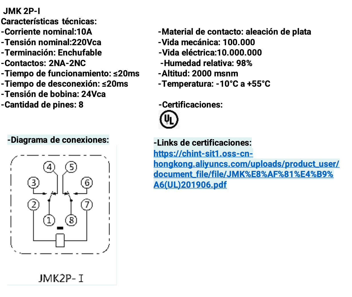 Relé Encapsulado CHINT JMK2P-I 2P 24V AC 10A – Código 053308024CH
