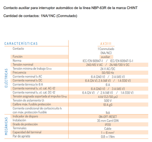 Contacto Auxiliar CHINT 1 NA/1 NC para Interruptor NBP-63R – Código 07030502CH