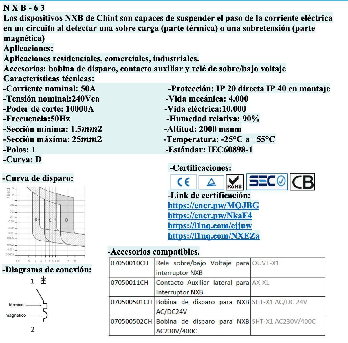 Interruptor Termomagnético CHINT NXB-63H 1P 50A 10kA Curva D – Código 07033150CH