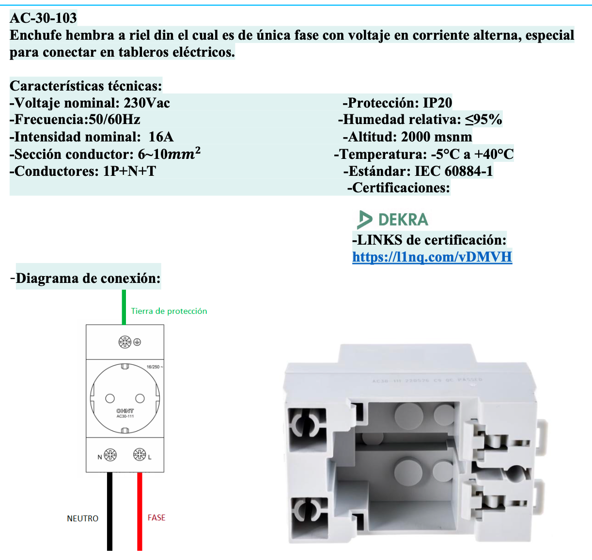 Base de Enchufe Modular CHINT AC30-111 Tipo Schuko 16A Riel DIN – Código 3316216CH