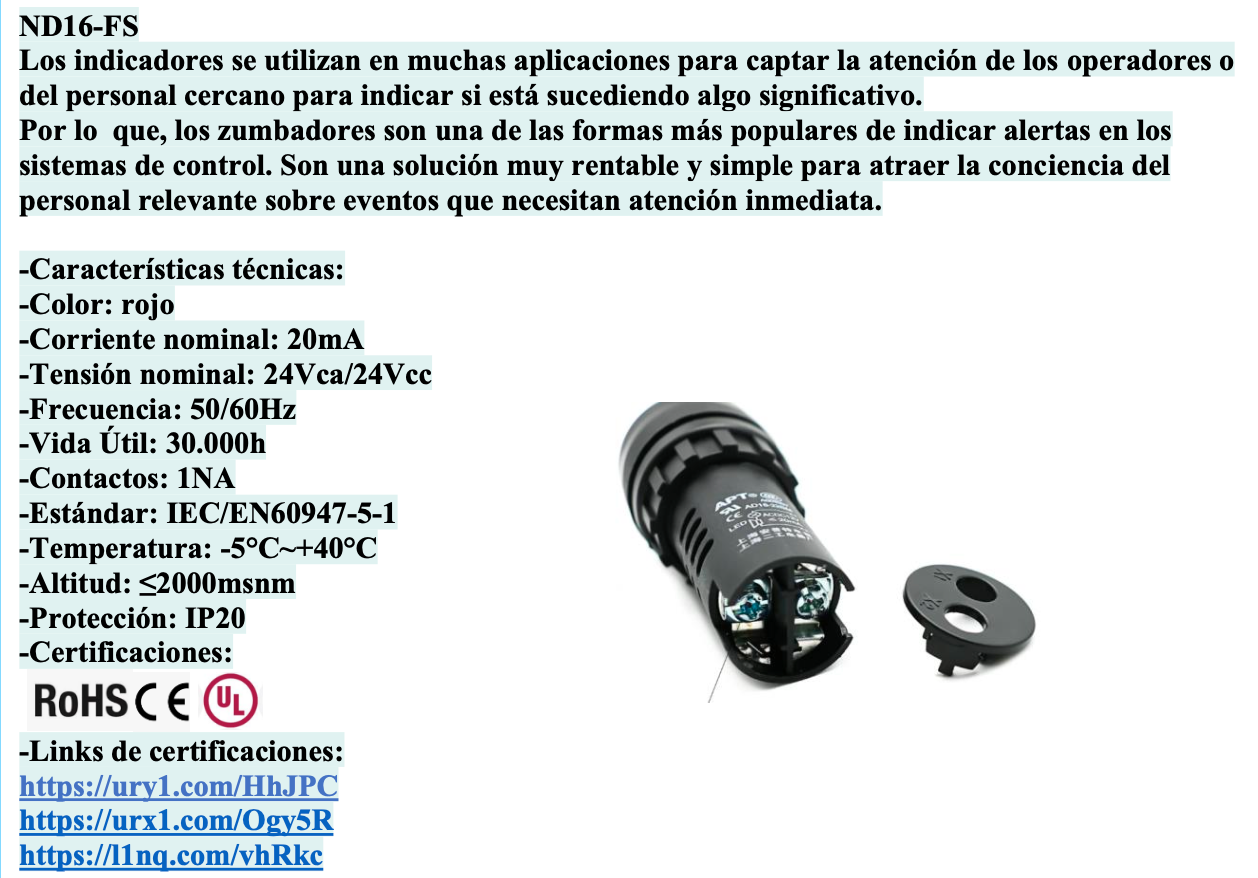 Bocina Zumbador Compacto CHINT ND16-22F/2 Ø22mm 24V AC/DC Negro – Código 2506056CH