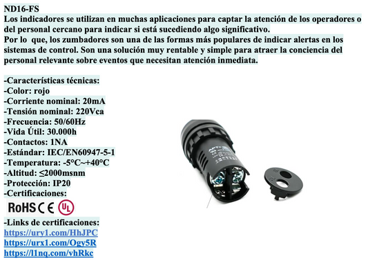 Pack 10 Bocinas Zumbador Compacto CHINT ND16-22F/2 Ø22mm 220V AC Negro – Código 2506057CH