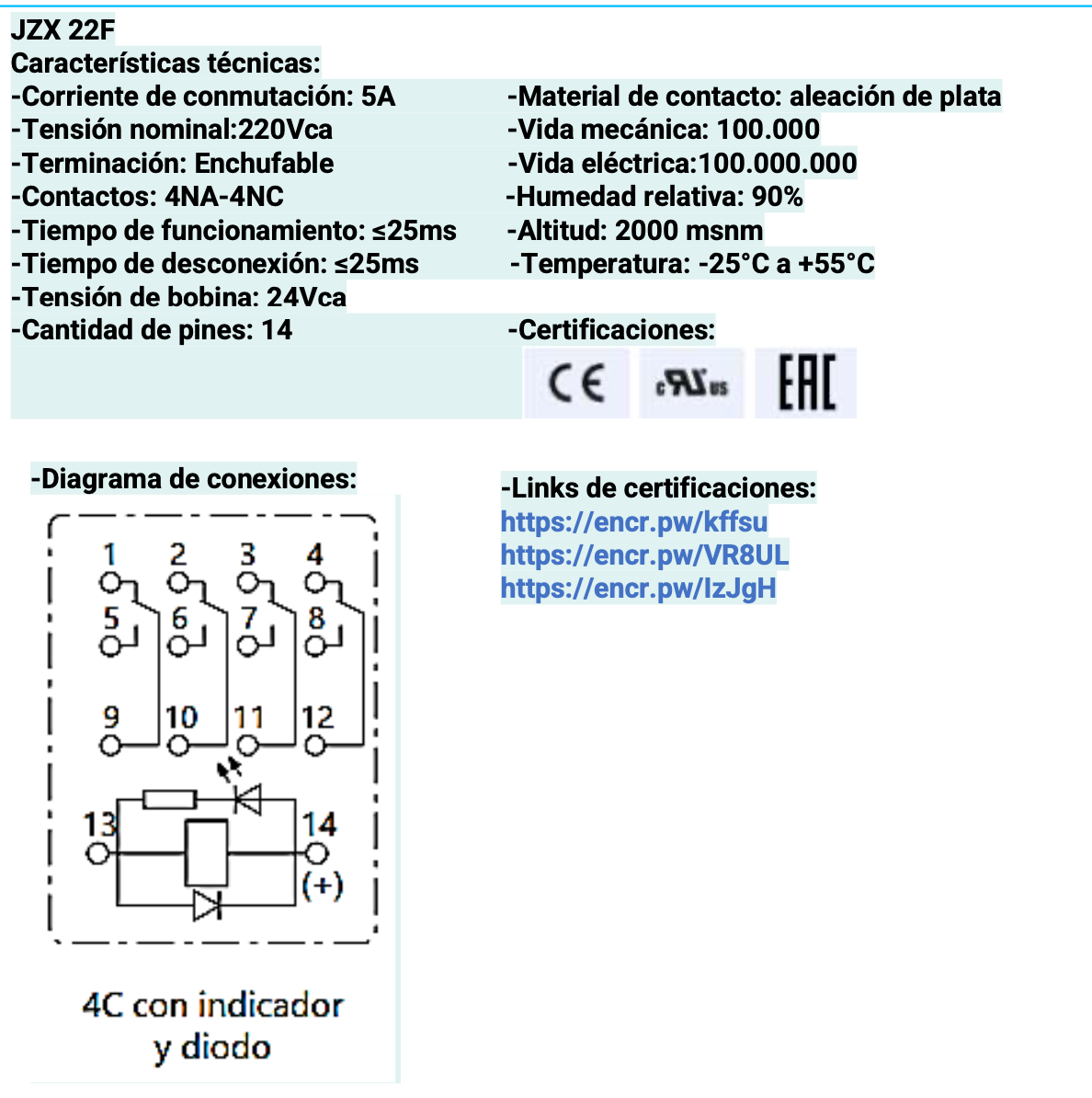 Mini Relé Industrial CHINT JZX-22F Bobina 24V AC 4 Contactos (4PDT) con LED – Código 0533080124CH