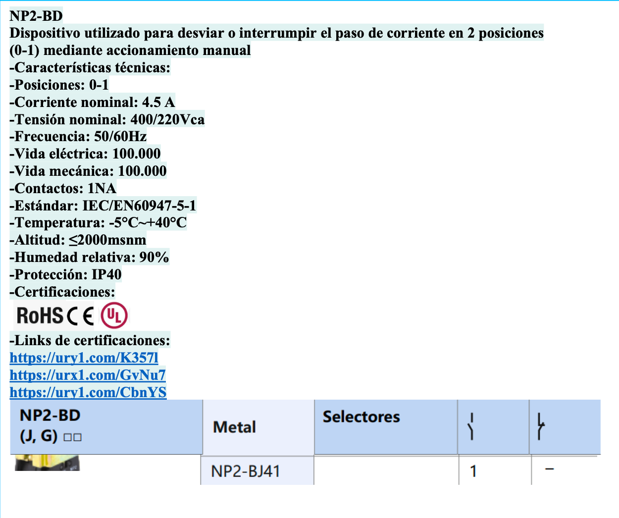 Selector Manilla Larga Metálico CHINT NP2-BJ41 2 Posiciones Retorno 1NA – Código 2508112CH