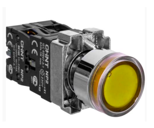 Pulsador Luminoso Metálico CHINT NP2-BW3565 Amarillo LED 220V AC 1NA+1NC – Código 2506114CH