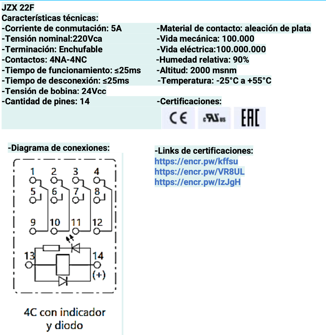 Mini Relé Industrial CHINT JZX-22F Bobina 24V DC 4 Contactos (4PDT) con LED – Código 0533080024CH