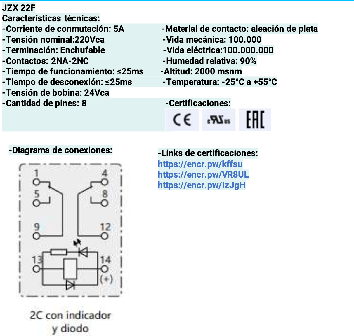 Mini Relé Industrial CHINT JZX-22F Bobina 24V AC 2 Contactos (2PDT) con LED – Código 0533080122CH