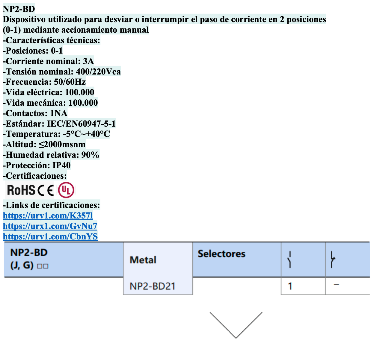 Selector Metálico Manilla Corta CHINT NP2-BD41 2 Posiciones con Retorno 1NA – Código 2508131CH