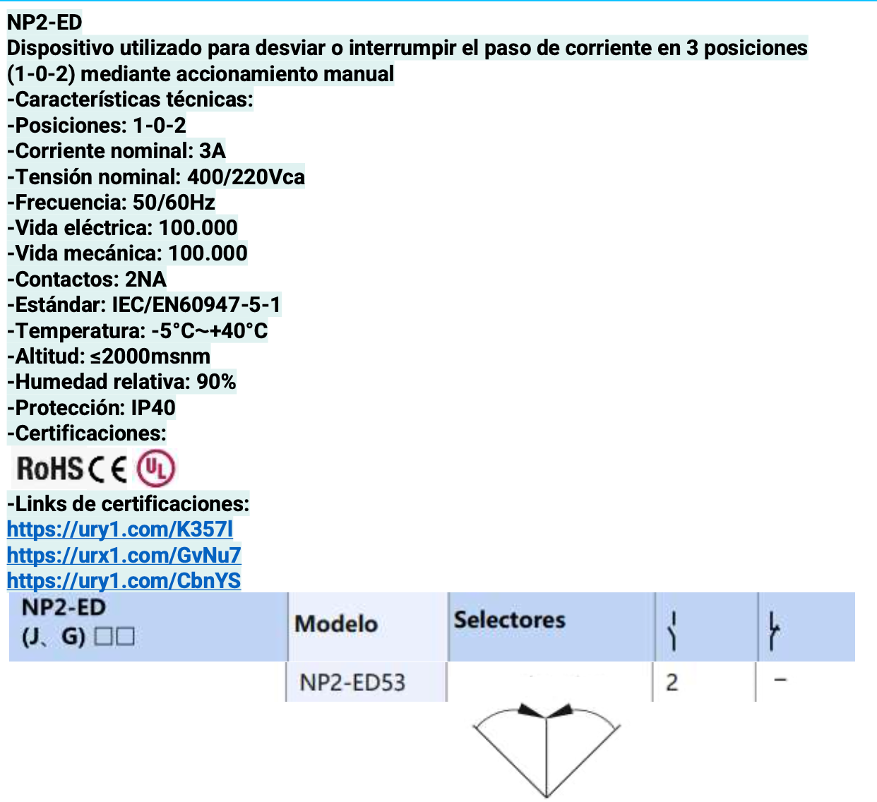Selector Plástico Manilla Corta CHINT NP2-ED53 3 Posiciones Retorno al Centro 2NA – Código 2504132CH