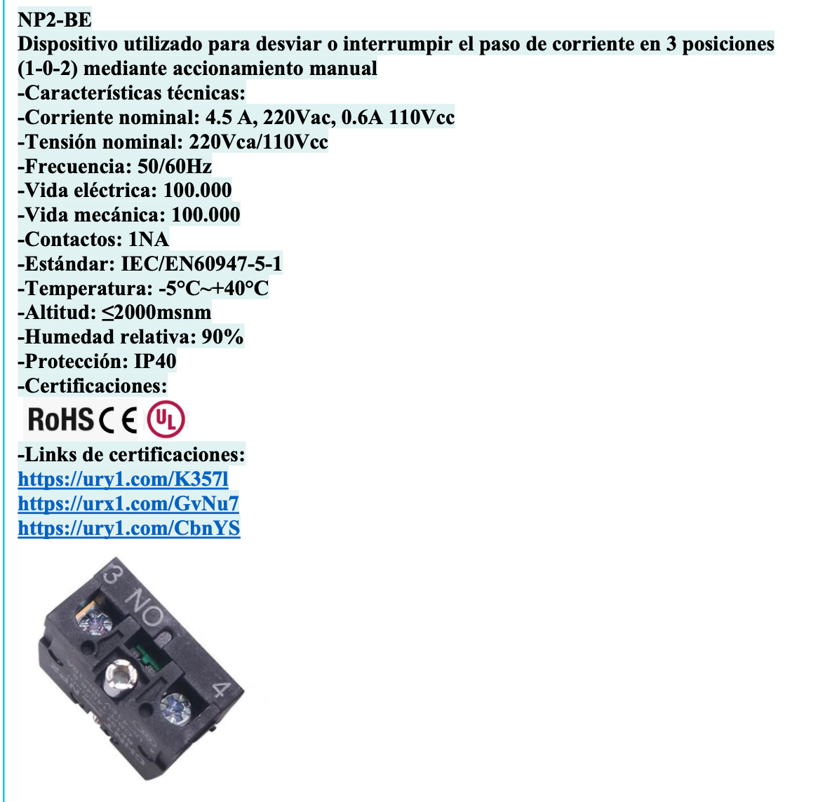 Bloque de Contacto Auxiliar Base 1NA CHINT NP2-L1111 para Cajas NPH1 – Código 25051111CH