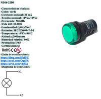 Piloto LED Compacto CHINT ND16-22DS/2 Verde 24V AC/DC Ø22mm IP65 – Código 2502015CH