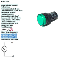 Piloto LED Compacto CHINT ND16-22DS/2 Verde 24V AC/DC Ø22mm IP65 – Código 2502021CH