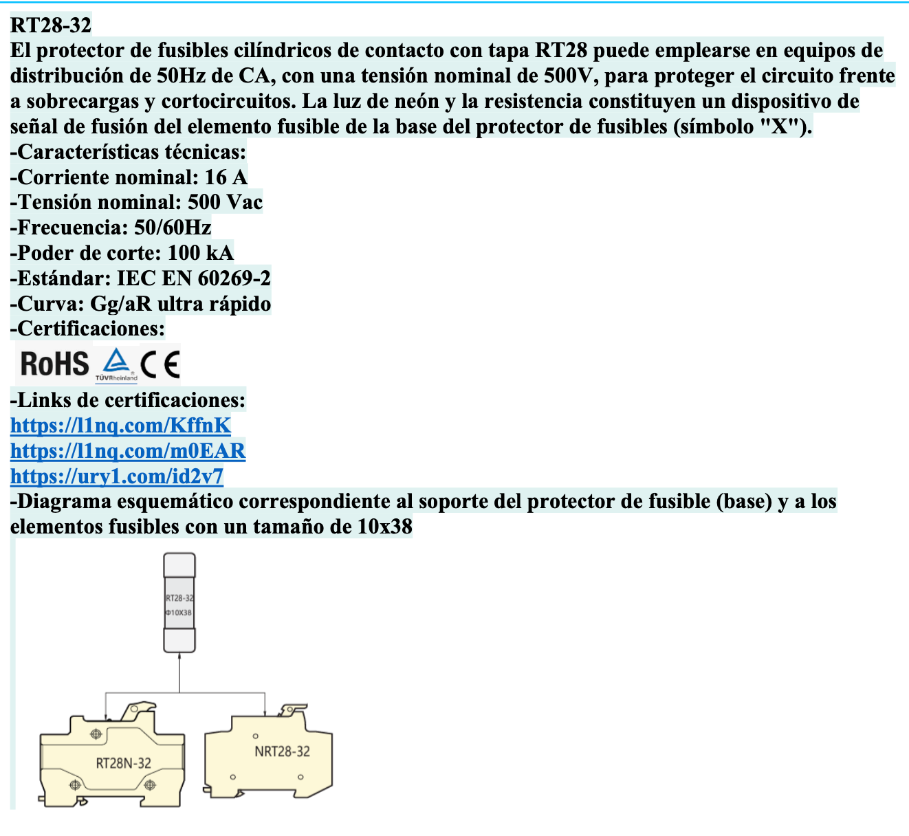 Fusible Cilíndrico CHINT 10x38mm 16A gG/gL 500V – Código 21072316CH