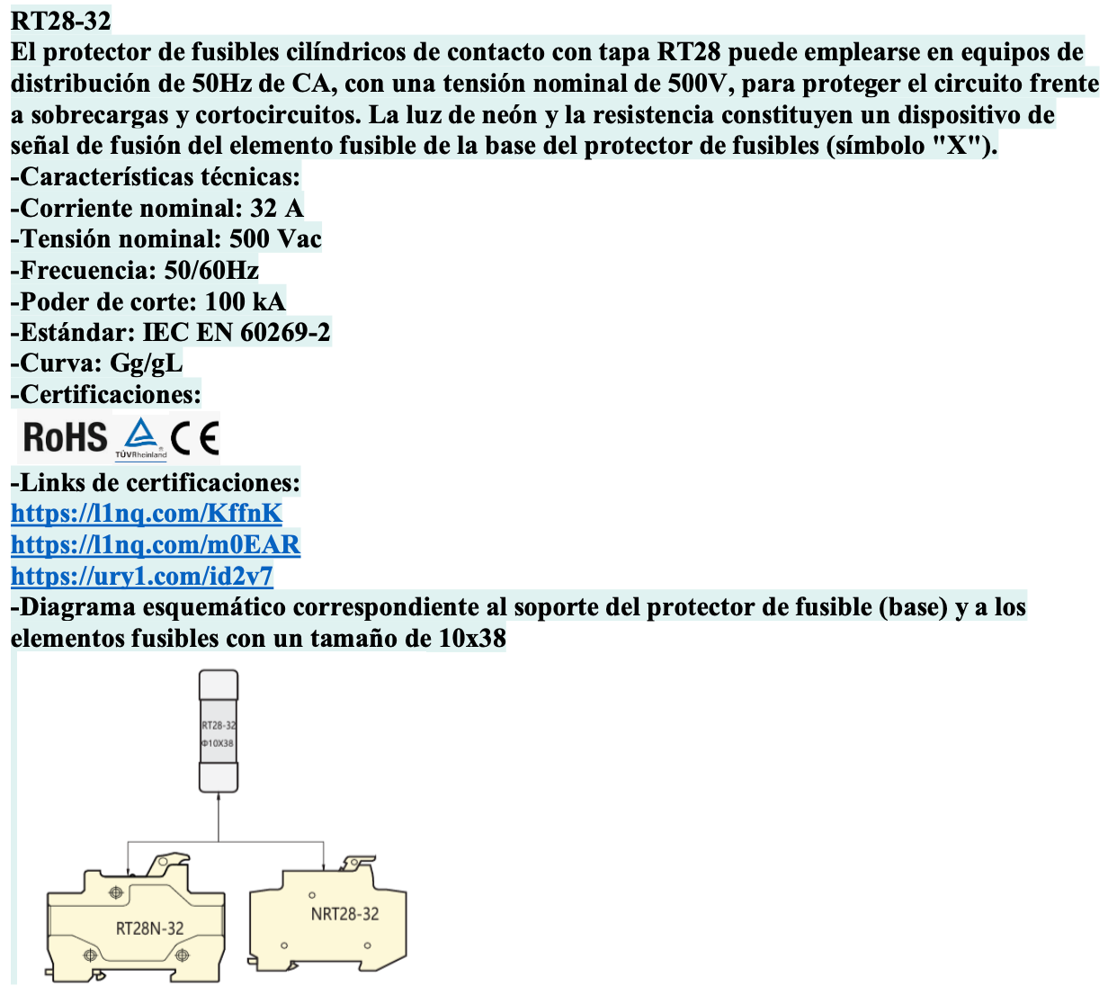 Fusible Cilíndrico CHINT 10x38mm 32A gG/gL 500V – Código 21051332CH