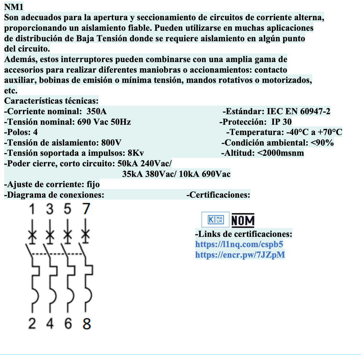 Interruptor caja moldeada CHINT NM1‑250H/4300 4P 250 A 50 kA 690 V – Código 0721444240CH